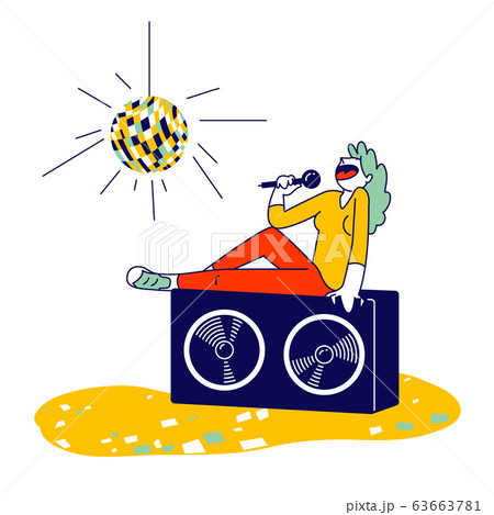 Woman Sitting on Huge Dynamics on Stage Holding Microphone and Singing Song at Karaoke Bar or Night Club 63663781