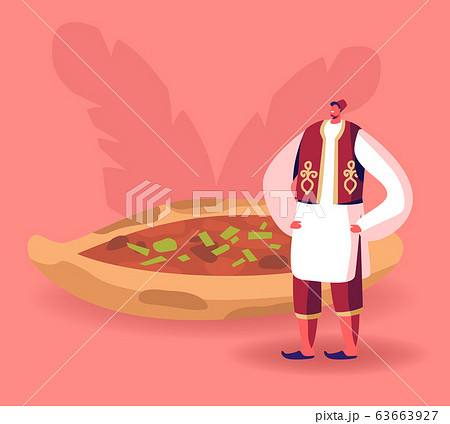 Turkish Food Concept. Man Wearing Traditional Turkey Costume Stand near Pide or Pita with Meat 63663927