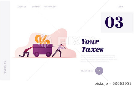 Tax Burden Payment Obligation Landing Page Template. Businesspeople Characters Drag Huge Trolley with Percent Sign 63663955