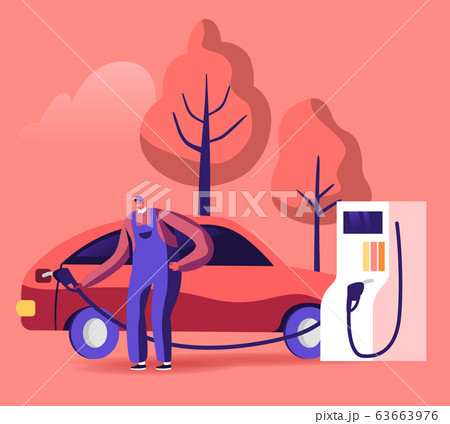 Gas Station Worker Hold Filling Gun for Pouring Fuel Into Car. Employee in Workwear at Petroleum Station Refueling 63663976