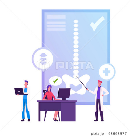 Woman Sitting at Desk in Correct Posture. Male Doctor Stand with Pointer at Infographics with Human Skeleton 63663977