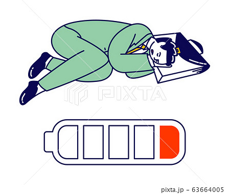 Tired and Exhausted Businessman Character Lying on Ground Sleeping with Bag under Head near Huge Battery with Low Energy 63664005