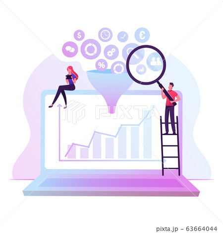 Businessman with Magnifier Glass and Businesswoman with Tablet Pc Sitting on Huge Laptop with Growing Graph Businessman with Magnifier Glass and Businesswoman with Tablet Pc Sitting on Huge Laptop with Growing Graph 63664044