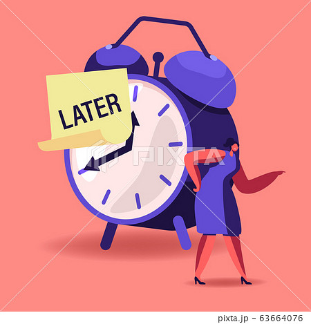 Procrastination, Delay Bad Time Management Concept. Angry Businesswoman Stand at Huge Alarm Clock with Sticky Note 63664076
