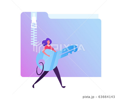 Woman Carry Key in Hands on White Background with Zipped Folder. Electronic Document Management, Digital Data 63664143