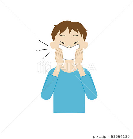 咳やくしゃみが出た時にハンカチで口や鼻を覆う男の子 咳エチケット のイラストのイラスト素材