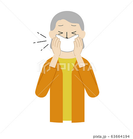 咳やくしゃみが出た時にハンカチで口や鼻を覆うシニア女性 咳エチケット のイラストのイラスト素材