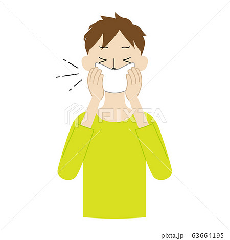 咳やくしゃみが出た時にハンカチで口や鼻を覆う男性 咳エチケット のイラストのイラスト素材