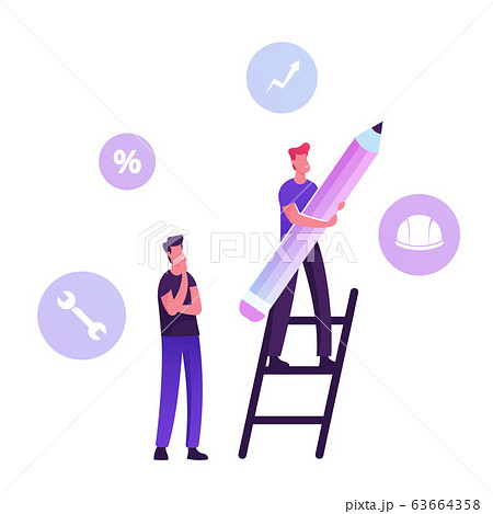 User Manual Tutorial Concept. Man Stand on Ladder with Huge Pencil and Customer Support Icons around 63664358