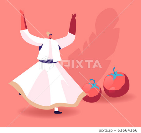 Swirling Dervish in White Wide Dress Dancing near Ripe Fresh Tomatoes. Concept of Oriental Turkish Cuisine 63664366