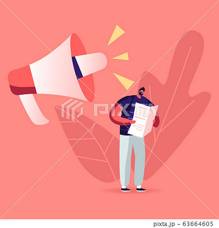 Fake News, Information and Disinformation. Male Character Reading Newspaper near Huge Megaphone Speak Fake News, Information and Disinformation. Male Character Reading Newspaper near Huge Megaphone Speak 63664605