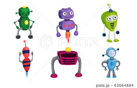 Funny Robots with Metallic Body and Limbs Moving Around Vector Set 63664884