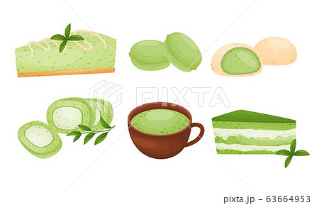 Green Mochi Cakes and Sweet Pastry with Tea Poured in Cup Vector Set 63664953