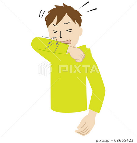 咳やくしゃみが出た時に袖で口や鼻を覆う男性 咳エチケット のイラストのイラスト素材