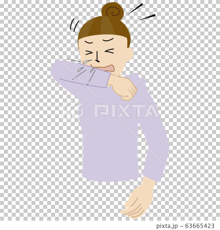咳やくしゃみが出た時に袖で口や鼻を覆う女性 咳エチケット のイラストのイラスト素材