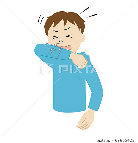 咳やくしゃみが出た時に袖で口や鼻を覆う男の子 咳エチケット のイラストのイラスト素材