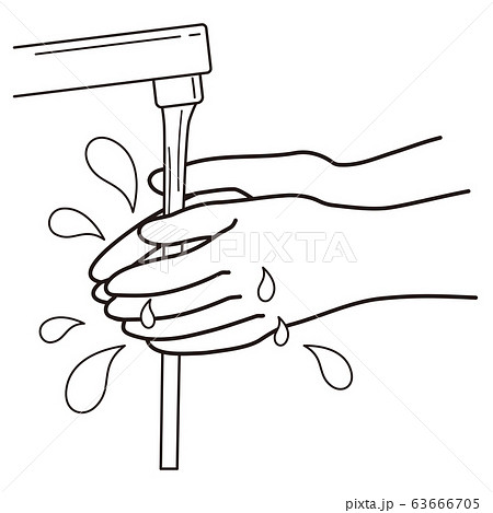正しい手洗いの手順 １ 手を水でよく濡らす 白黒のイラスト素材