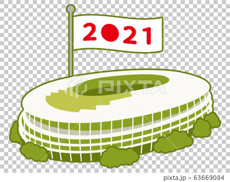 新國家體育場和飄揚的 2021 年旗幟的向量圖 63669084