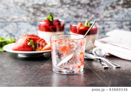 Eaten panna cotta. Empty glass cup with spoon. 63669336