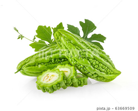 Bitter melon with leaf on white background. full depth of field Bitter melon with leaf on white background. full depth of field 63669509