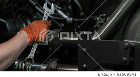 Banner with close up view of hydraulic pipes of 63669541