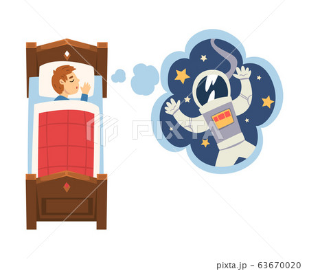 Cute Boy Sleeping in Bed and Dreaming About Astronaut in Flying in Outer Space, Kid Lying in Bed Having Sweet Dreams Vector Illustration Cute Boy Sleeping in Bed and Dreaming About Astronaut in Flying in Outer Space, Kid Lying in Bed Having Sweet Dreams Vector Illustration 63670020