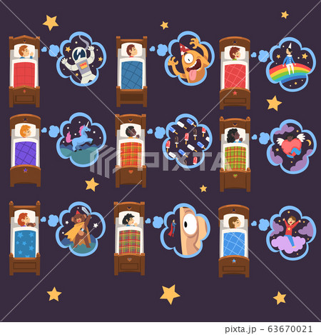 Cute Kids Sleeping in Beds and Dreaming Collection, Adorable Boys and Girls Having Sweet Dreams Vector Illustration Cute Kids Sleeping in Beds and Dreaming Collection, Adorable Boys and Girls Having Sweet Dreams Vector Illustration 63670021