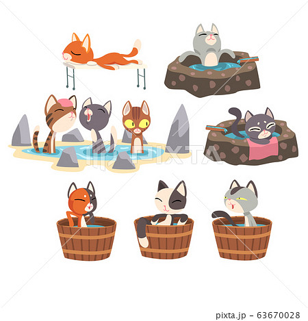 Funny Cats Taking an Onsen Bath Set, Cute Pet Animals Enjoying Japanese Hot Spring Bath Vector illustration 63670028