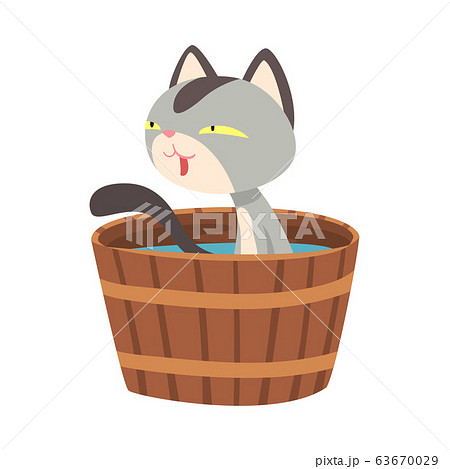 Funny Cat Taking Japanese Hot Spring Bath, Adorable Pet Animal Enjoying Spa Procedure in Wooden Barrel, Onsen Vector illustration Funny Cat Taking Japanese Hot Spring Bath, Adorable Pet Animal Enjoying Spa Procedure in Wooden Barrel, Onsen Vector illustration 63670029