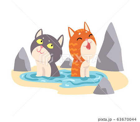 Couple of Cats Taking Japanese Hot Spring Bath Outdoor, Cute Pet Animals Enjoying Spa Procedure Vector illustration 63670044