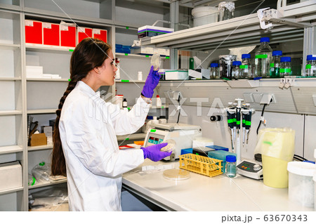 Lab technician examines scrapings on glass slides Lab technician examines scrapings on glass slides 63670343