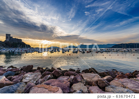 Port of Lerici at sunset - Small town in the Gulf of La Spezia Italy 63670471