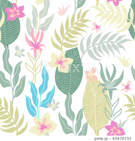 Seamless pattern with palm leaves and  flowers. 63670752