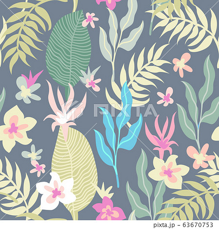 Seamless pattern with palm leaves and flowers. Seamless pattern with palm leaves and flowers. 63670753