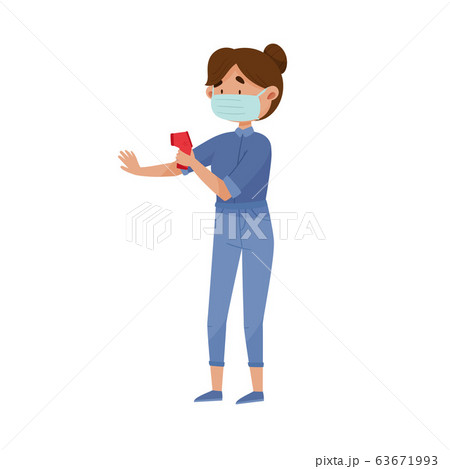 Young Woman Nurse in Protective Mask Standing with Temperature Gun Vector Illustration Young Woman Nurse in Protective Mask Standing with Temperature Gun Vector Illustration 63671993
