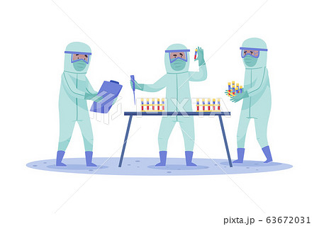 Medical Staff in Protective Suits and Masks Examining Blood Test Vector Illustration 63672031