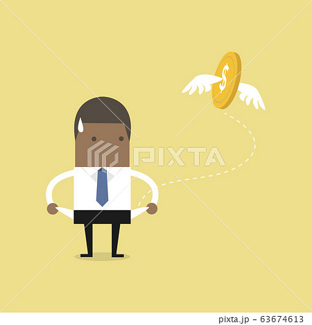 A coin flying away from a businessman's pocket. 63674613