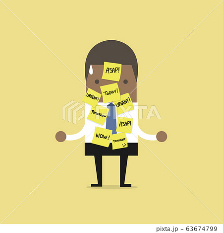 African businessman with a lot of short note for urgent work. African businessman with a lot of short note for urgent work. 63674799