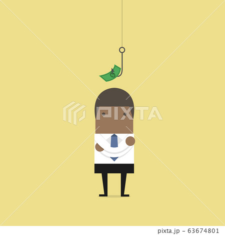 African businessman standing in front of a hook with a dollar sign as bait. African businessman standing in front of a hook with a dollar sign as bait. 63674801