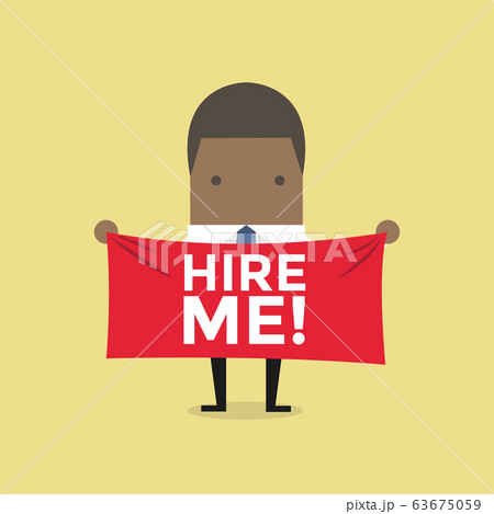 African businessman holding a banner for hiring. African businessman holding a banner for hiring. 63675059