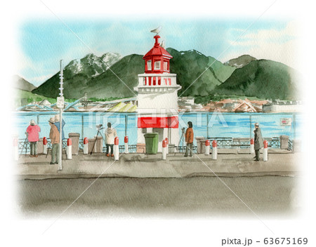 水彩で描いた灯台とバードウォッチングの人々 63675169