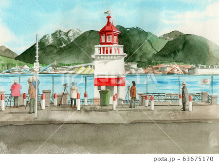 水彩で描いたバンクーバーの灯台とバードウォッチングの人々 水彩で描いたバンクーバーの灯台とバードウォッチングの人々 63675170