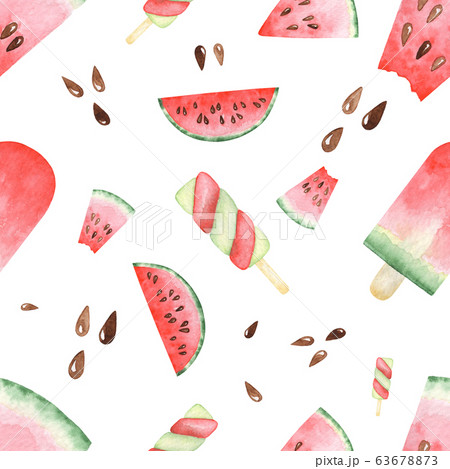 Seamless pattern of Watercolor set with watermelon slices, popsicles. Raster hand drawn illustration 63678873