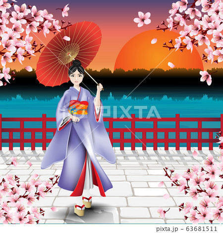 Japanese girl and natural scenic view of sunset and cherry blossom flowers 63681511