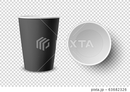 Vector 3d Realistic Black Disposable Opened Paper, Plastic Coffee Cup for Drinks Icon Set Closeup Isolated on Transparent Background. Design Template, Mockup. Top and Front View 63682326