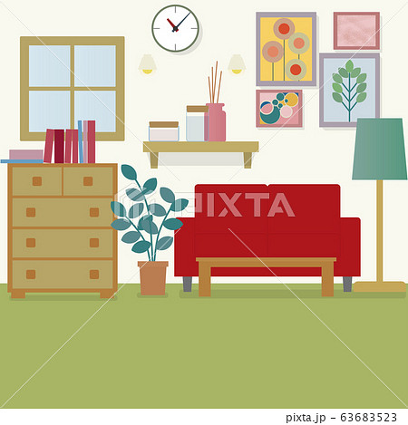 赤いソファーのある部屋とインテリアのイラストのイラスト素材