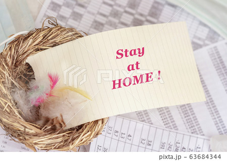 Stay at home, Note of motivational words in nest with feathers, symbol of the house, on background of business tables, self-isolation Stay at home, Note of motivational words in nest with feathers, symbol of the house, on background of business tables, self-isolation 63684344