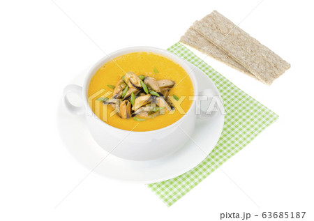 Cream soup with canned mussels. Studio Photo Cream soup with canned mussels. Studio Photo 63685187