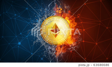 Gold ethereum coin hard fork in fire flame, lightning and water splashes. Gold ethereum coin hard fork in fire flame, lightning and water splashes. 63686686