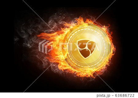 Golden NEM coin flying in fire flame. 63686722